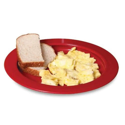 High Wall Red Plate with scrambled eggs and bread, Inner Lip Plate For One Handed Dining, prevents food sliding, easy scooping