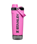 No Sweat Leakproof 20 Oz Hot Pink Shaker Bottle With Secure Hinge Lid And Fast Flow Spout Portable Tritan Protein Cup angled view with lid.