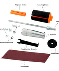 Components of Hand Held Sanding Drum Kit For Drill Presses And Power Drills With Aluminum Handle Quick Tightening Roller Easy Paper Swap Includes 120 Grit Sandpaper And Wrench SF08 Pro Grade Gear laid out.