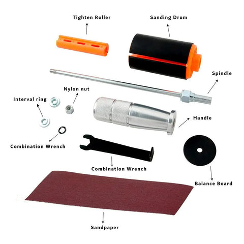 Components of Hand Held Sanding Drum Kit For Drill Presses And Power Drills With Aluminum Handle Quick Tightening Roller Easy Paper Swap Includes 120 Grit Sandpaper And Wrench SF08 Pro Grade Gear laid out.