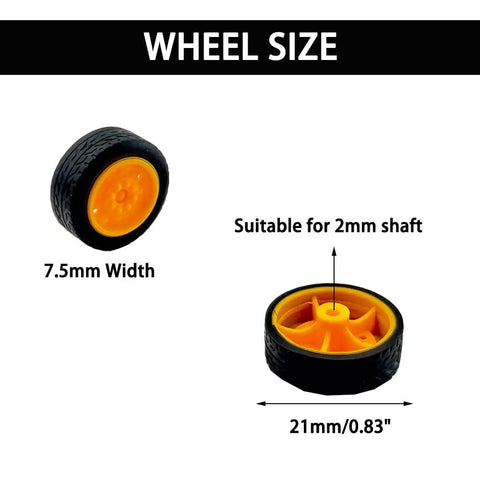 Image of Thirty Piece Small RC Car Wheel Set With Rubber Tires And 2mm Metal Axles 21mm Diameter Wheels Seven And A Half Millimeters Wide 100mm