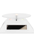 Xhtllo Electric Led Light Solar Powered Rotating Turntable Display Stand For Jewelry Phunique Watches Camera And Decorations front view with white base and acrylic top.