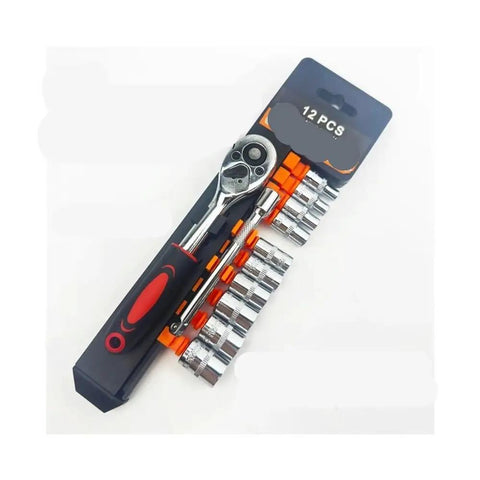 Twelve Piece Wrench Socket Set With One Quarter Inch, Three Eighths Inch, And Half Inch Sockets, Extension Rods, And Ratchet Spanner Tools For Car And Motorcycle Repair Polished Chrome Plated, displayed in packaging
