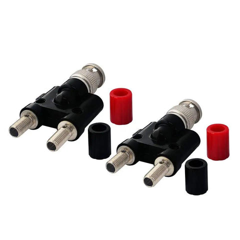 BNC Male To Dual 4mm Banana Binding Post Female Jack Adapter For RF Coaxial Systems, Pack of 2 with red and black caps