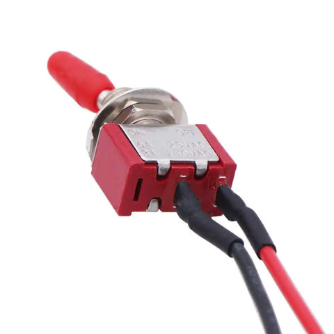 Close-up of a 8 Pack Mini Toggle Switch SPST 2 Position 2 Pins On Off 125V AC 5A Or 250V AC 3A with pre-soldered wire leads.