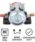 Genuine OEM 36V Solenoid Switch Relay Kit with SPNO contacts for EZGO TXT golf carts, showing front view of White-Rodgers component.