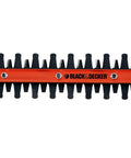 Close-up of rotating-handle hedge trimmer with 24-inch dual-action blades, 3.3-Amp electric shear for cutting up to 3/4-inch branches.