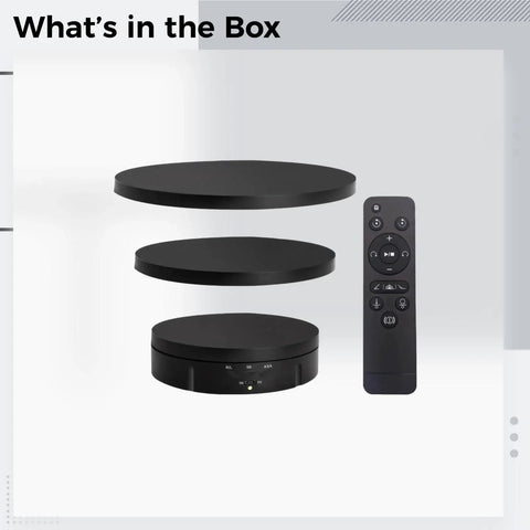 Super Cool Rotating Display Stand With Smart Remote Control For Jewelry And Photos includes three black turntable plates and remote.