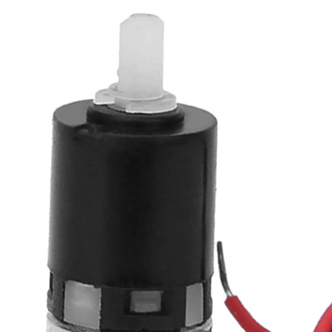 Garosa 6mm geared motor, metal body with white plastic output shaft, front view, red power wires