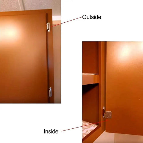 Ten Pack Overlay Cabinet Hinges Self Closing For Kitchen Cupboards And Furniture Doors Flush Mount With Silicon Bumpers And Hardware Screws Quiet Soft Close 7x4x3 Cm Green Bronze installed on cupboard doors, outside and inside view.