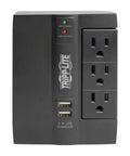Front view of Six Outlet Surge Protector Power Strip With Three Rotatable Outlets Wall Tap Direct Plug In 1200 Joules Two USB Ports Black