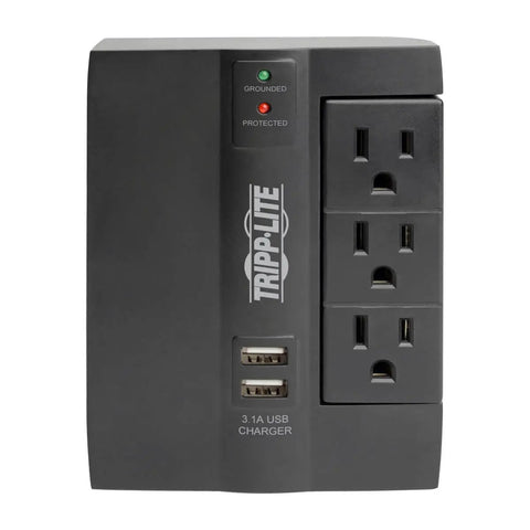Front view of Six Outlet Surge Protector Power Strip With Three Rotatable Outlets Wall Tap Direct Plug In 1200 Joules Two USB Ports Black