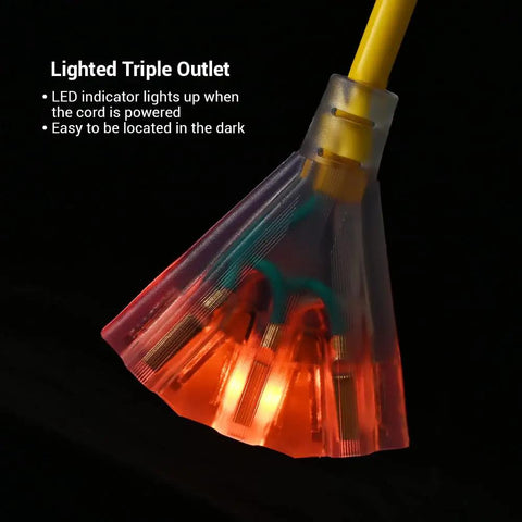 Heavy Duty 15 Foot 12 Gauge 3 Conductor Outdoor Extension Cord With Tri Tap Splitter LED Lighted Plug in dark background.