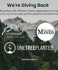 Nature background with WeForest, Exceptional Minds, and One Tree Planted logos, highlighting charity partnerships for giving back.