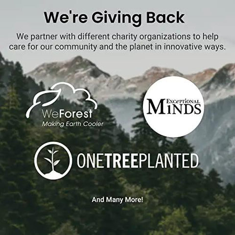 Nature background with WeForest, Exceptional Minds, and One Tree Planted logos, highlighting charity partnerships for giving back.