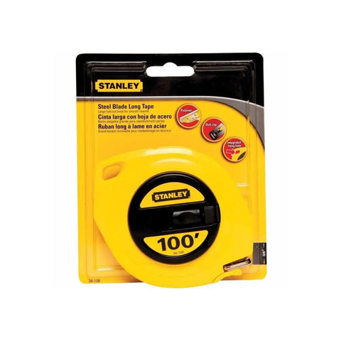 Tape Measure With Three Eighths Inch Graduations And 100 Foot Reach, Durable Steel Blade, Polymer Coated For Longevity, Bright Yellow Body
