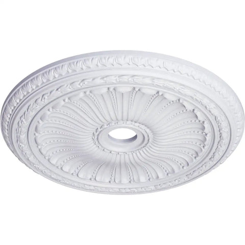 Decorative ceiling medallion with thirty five and one eighth inch outer diameter and four and seven eighth inch inner opening, primed.