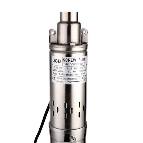 Beefy Submersible Deep Well Pump With 3 Inch OD Pipe And 1 Inch Outlet, Stainless Steel, 0.25KW 0.33HP, 70m Head, 8 GPM Flow, 220-240V