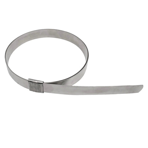 Side view of stainless steel center-punch band hose clamp, 5/8 in wide, 0.025 in thick, 4 in diameter