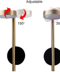 Two In One Plug In Or Hardwired Industrial Gold Brass Wall Sconces With Adjustable Metal Arm Dual Pack for Bedrooms Hallways Entryway Kitchen And Living Areas showing 150° and 350° rotation angles.