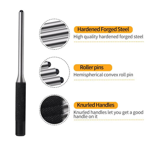 Nine Piece Pin Punch Set With Knurled Handles And Storage Pouch For Automotive, Watch Repair, Jewelry, And Craft Projects detailing features of steel, roll pins, and handle grip.
