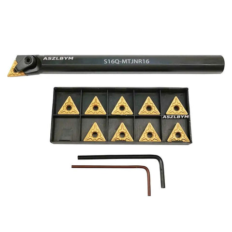 Five Eighths Inch By Seven Inch Beefed-Up Carbide Indexable Boring Bar Turning Tool Holder S16Q-MTJNR16 with 10 TNMG inserts