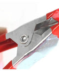 Close-up of 12 Pack 2 Inch Metal Spring Clamps With Built In Magnets For Magnetic Surfaces showing red grip and metal hinge