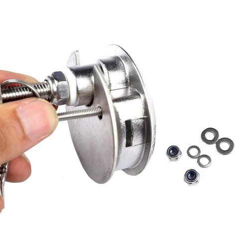 Close-up of Mizugiwa marine stainless steel locking hatch lift with mounting hardware, pack of 2