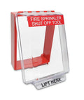 7 In 1 Fire Sprinkler Shutoff Tool Kit With Wall Cabinet Case with clear cover and red trim labeled 'Fire Sprinkler Shut Off Tool'