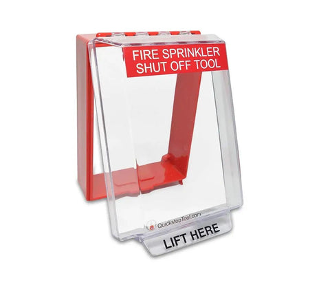 7 In 1 Fire Sprinkler Shutoff Tool Kit With Wall Cabinet Case with clear cover and red trim labeled 'Fire Sprinkler Shut Off Tool'