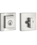 Satin nickel Spyglass front door deadbolt with SmartKey Rekey Technology and Microban protection, shown front and back view.