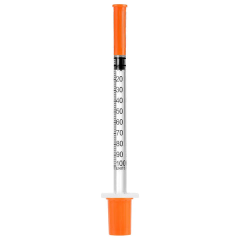 Bulk 30 Pack U100 Syringes 30 Gauge Five Sixteenth Inch 8 Millimeter 1 mL Disposable, Individually Wrapped, Pro Grade Performance, Smooth Leak-Proof Plunger, Clear Barrel, Medical Grade Single-Use Syringes. U-100 syringe with orange cap and clear barrel, 1 mL scale