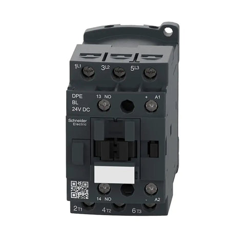 Front view of DPE18BL Easy TeSys 24VDC Coil Contactor With Screw Clamp Terminals for HVAC, pumps, and compressors.