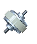 Angled view of a dual-shaft magnetic powder clutch/brake assembly with silver housing.