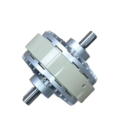 Angled view of a dual-shaft magnetic powder clutch/brake assembly with silver housing.