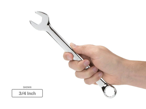Hand holding a 3/4 inch wrench from the 31 Piece Combination Wrench Set From 1/4 Inch To 2 Inch With Angled Open Ends