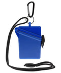 Surfsafe Waterproof Sports Case Blue For Phones And Gear, Crush Resistant, Airtight And Floats shown with lanyard and clip