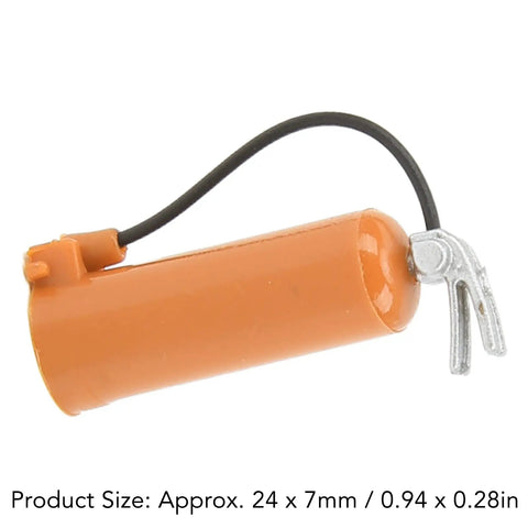 Miniature Realistic Rc Fire Extinguisher For 1/18 And 1/24 Scale Trucks vibrant orange plastic accessory with black wire detail.