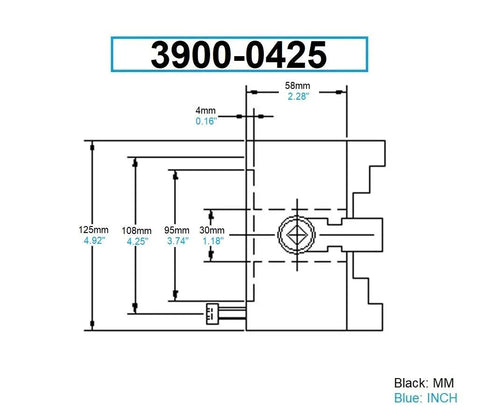 Technical diagram of Five Inch Four Jaw Self Centering Lathe Chuck Plain Back With Universal Scroll dimensions.