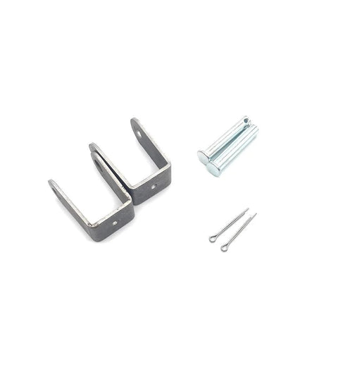 Actuator mounting hardware: two steel U-brackets, a silver pin, and two cotter pins.