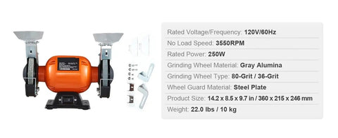 6 Inch Bench Grinder With 2.1A Brushless Motor Churning At 3550 RPM, features gray alumina grinding wheels and steel plate guard.