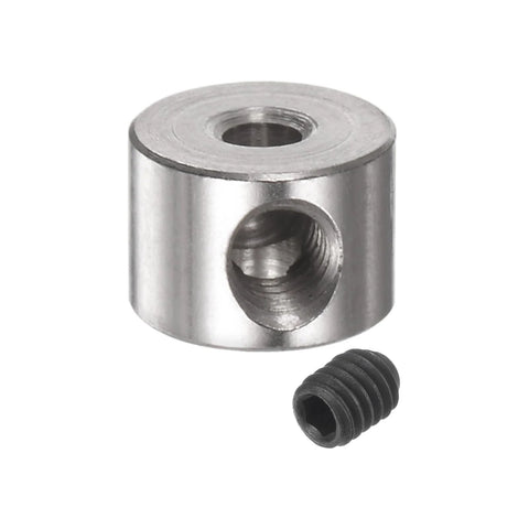 Stainless steel shaft collar with set screw, 8 mm OD, 7 mm width, 3 mm bore; includes black grub screw