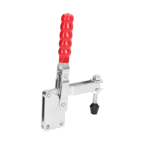 Welding Toggle Clamp Hold Down Bench Clamp With Quick Release Lever For Track System And Metal Fabrication DIY Projects Equipment Installation 749.6 Lb Clamping Force Iron Construction, showing stainless steel body and red handle