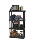 Built Tough Four Tier Plastic Storage Shelf Black Freestanding Rack With No Sweat Setup For Garage Kitchen Pantry Closet And Bathroom Holds An Awesome 280 Pounds filled with tools and supplies.