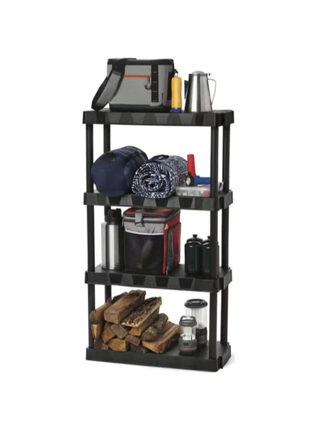 Built Tough Four Tier Plastic Storage Shelf Black Freestanding Rack With No Sweat Setup For Garage Kitchen Pantry Closet And Bathroom Holds An Awesome 280 Pounds filled with tools and supplies.