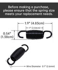Solid Black Tension Springs 8 Pack With Reliable Hook To Hook Grip, dimensions shown for furniture repair use.