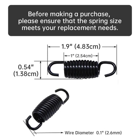Solid Black Tension Springs 8 Pack With Reliable Hook To Hook Grip, dimensions shown for furniture repair use.