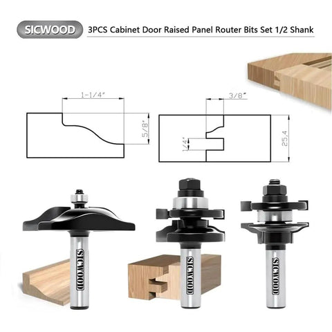 Three Piece Cabinet Door Raised Panel Router Bit Set One Half Inch Shank With C3 Carbide For Tenon Joints, product image.