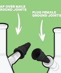 Illustration of Cleaning Plugs Pro Set With Silicone Stoppers And Cleaning Container For Glassware Pipes And Accessories Universal Leak Proof Reusable Caps For Male And Female Openings Black showing use on glassware joints.