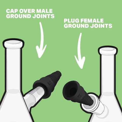 Illustration of Cleaning Plugs Pro Set With Silicone Stoppers And Cleaning Container For Glassware Pipes And Accessories Universal Leak Proof Reusable Caps For Male And Female Openings Black showing use on glassware joints.
